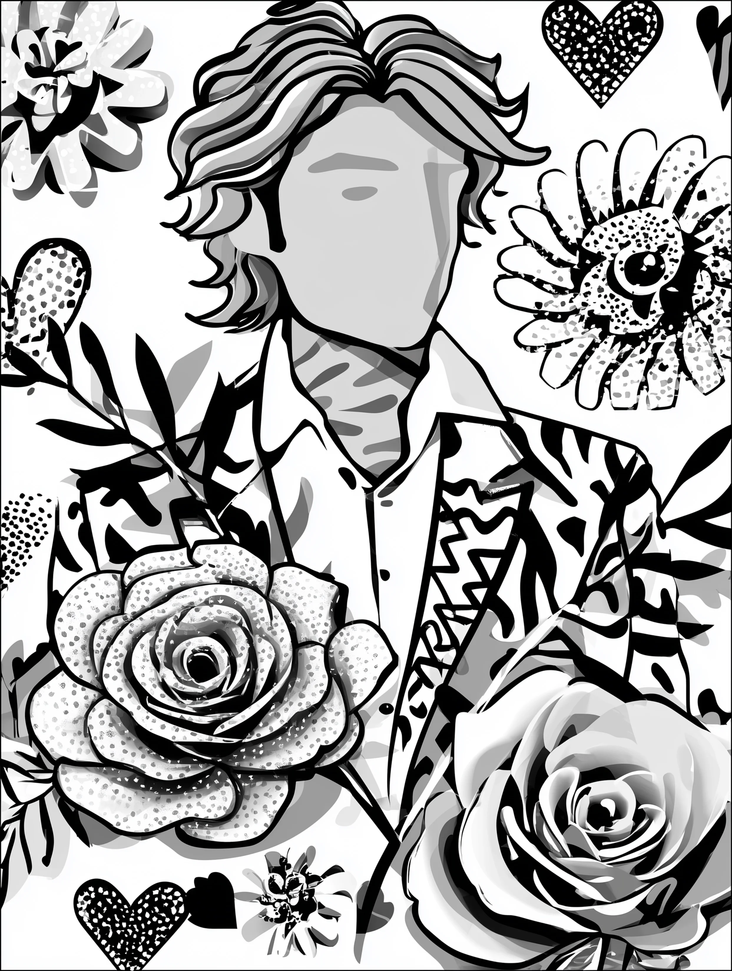 Free printable coloring pages floral featuring a faceless figure surrounded by flowers